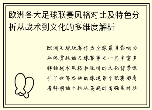 欧洲各大足球联赛风格对比及特色分析从战术到文化的多维度解析