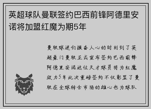英超球队曼联签约巴西前锋阿德里安诺将加盟红魔为期5年